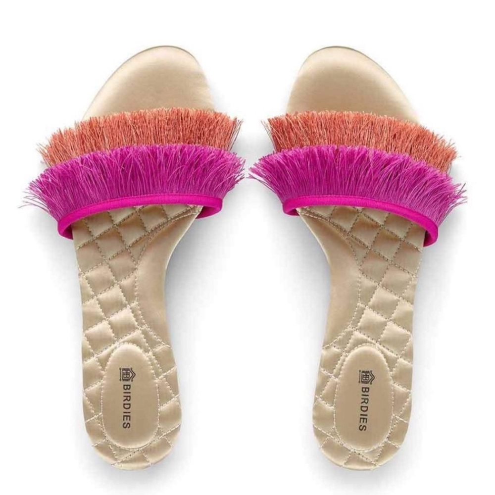 Birdies Sparrow Fringe Slides in Sangria Pink+Orange